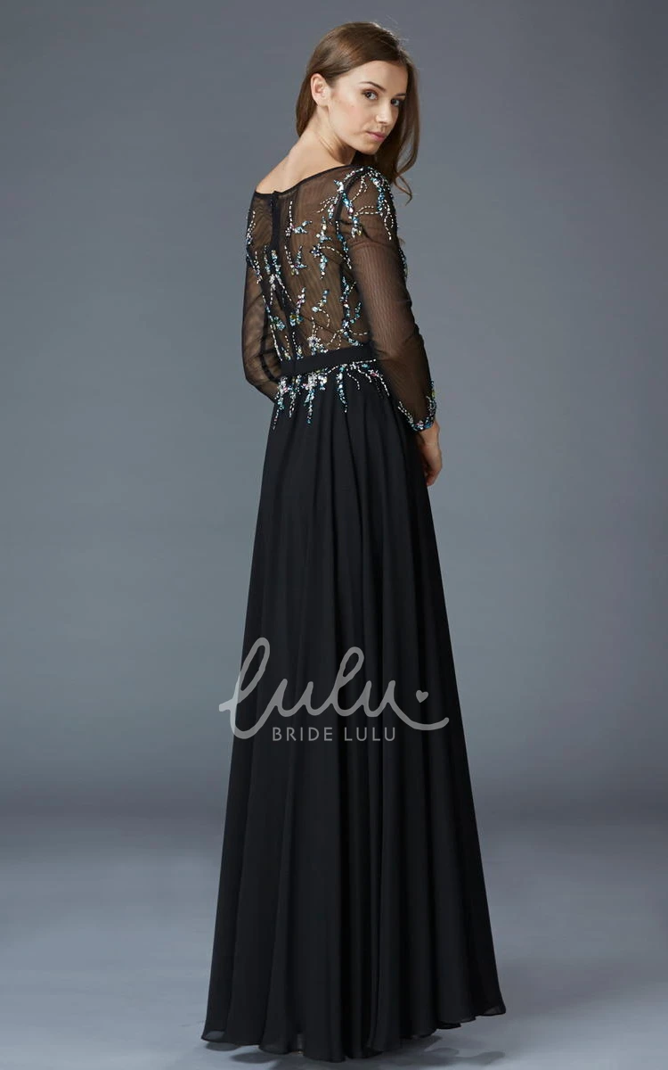 Beaded Illusion Long Sleeve A-Line Formal Dress in Chiffon