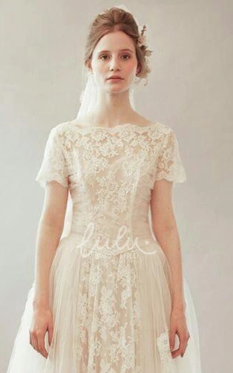 Vintage Bateau Neck Tulle and Lace Wedding Dress with Short Sleeves