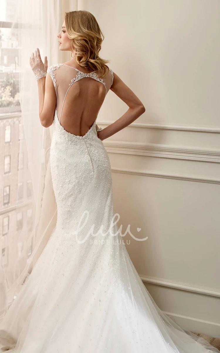 Long Lace Wedding Dress with Cap Sleeves Open Back and Court Train