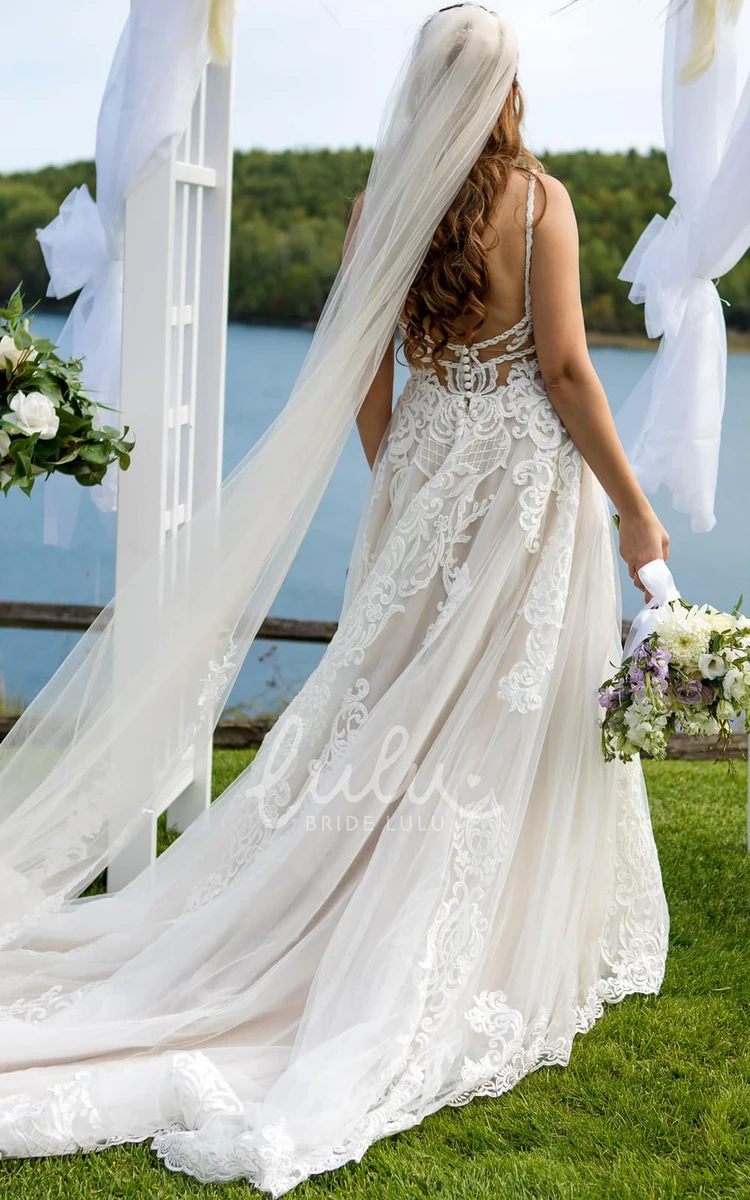 Vintage A-Line Tulle Wedding Dress with V-Neck and Chapel Train Elegant Wedding Dress