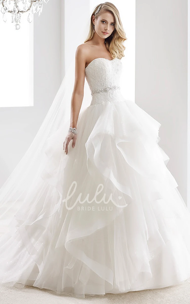 Ruffled Beaded Belt A-Line Wedding Dress with Strapless Open Back