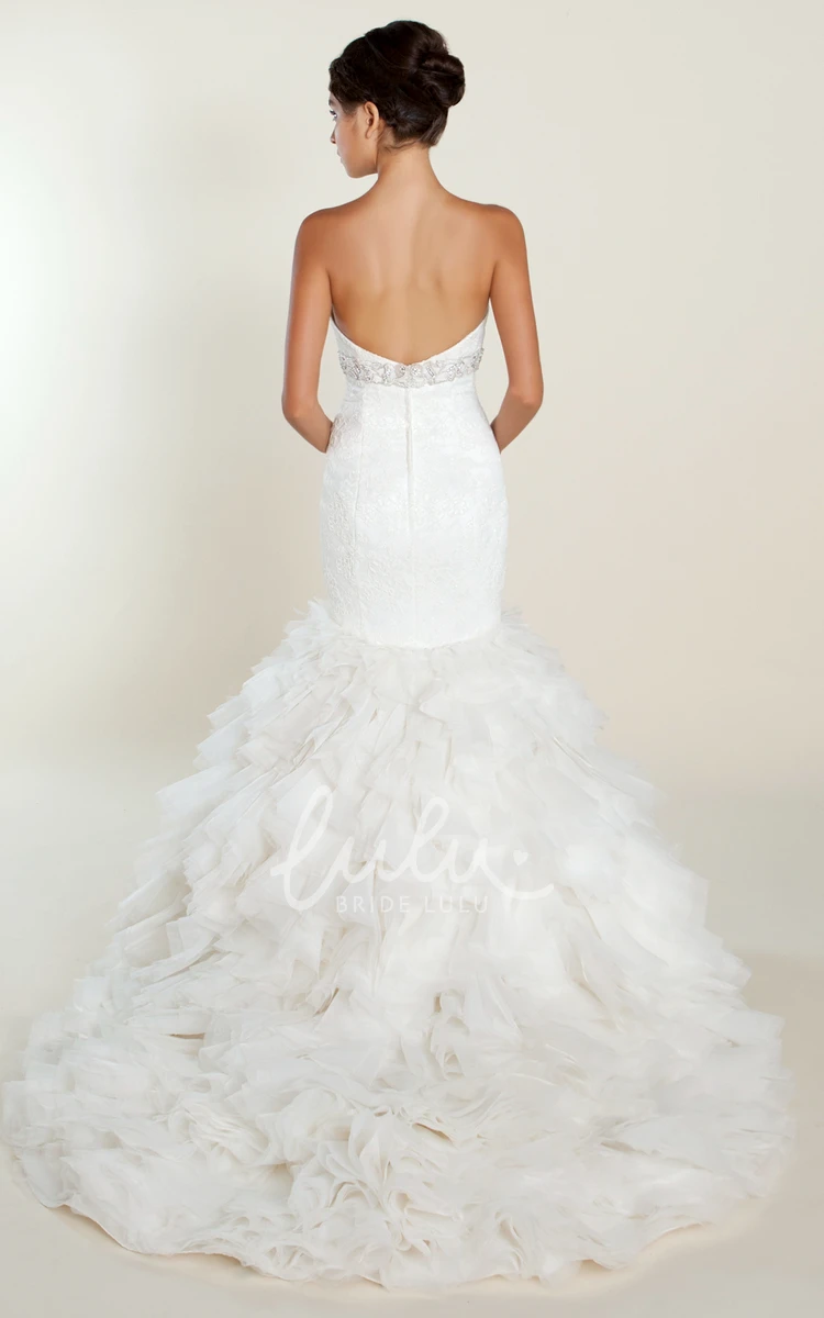 Strapless Tulle & Lace Wedding Dress with Jeweled Appliques Trumpet Floor-Length Ruffles