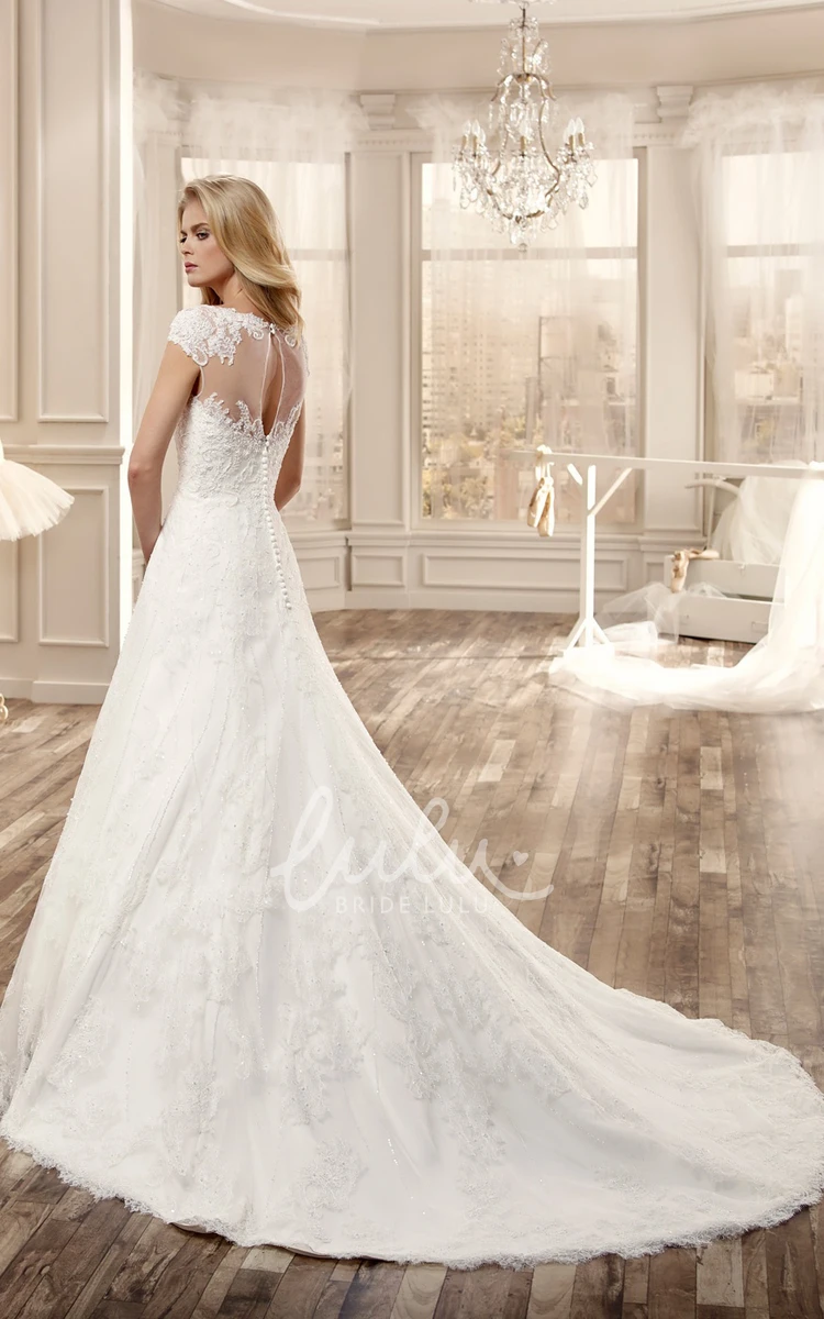 Illusion Neckline Wedding Dress with Cap Sleeves and Court Train Modern Bridal Gown