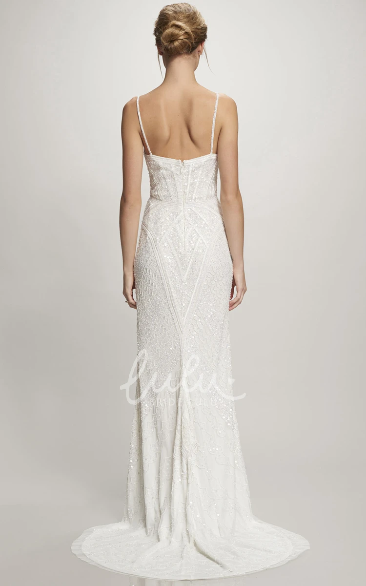 Beaded Chiffon Spaghetti Wedding Dress Maxi Sweep Train