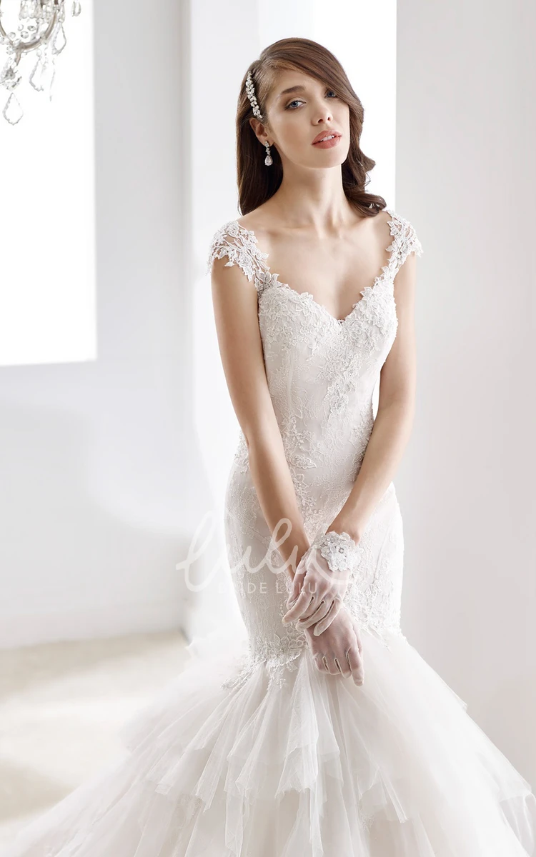 Sheath Wedding Dress with Cap Sleeves and Tier Ruching Train Sweetheart Style