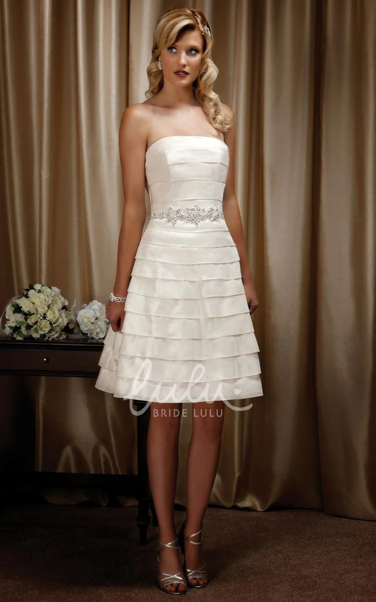 Short Jeweled Satin A-Line Wedding Dress with Tiers and Strapless Design