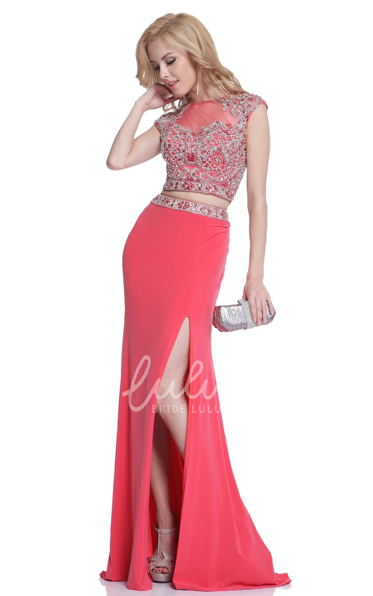 Beaded Two-Piece Sheath Formal Dress with Split Front and Cap Sleeves