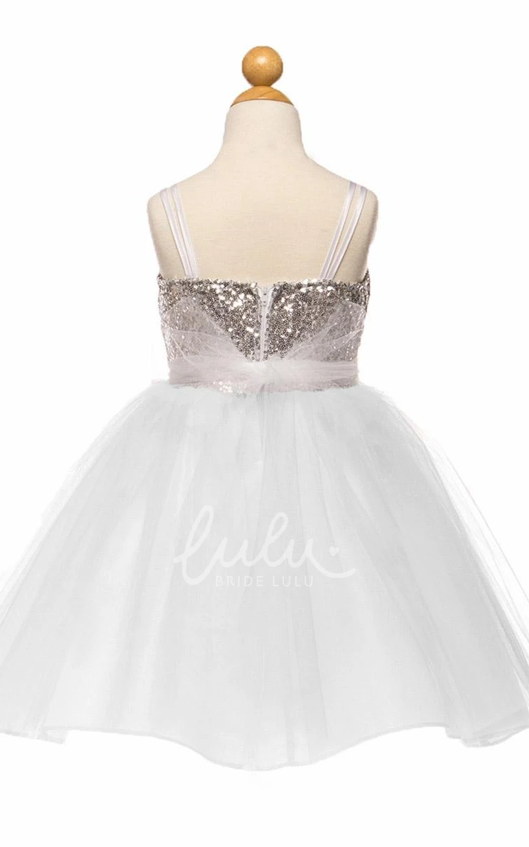 Knee-Length Spaghetti Tulle Flower Girl Dress with Sequins