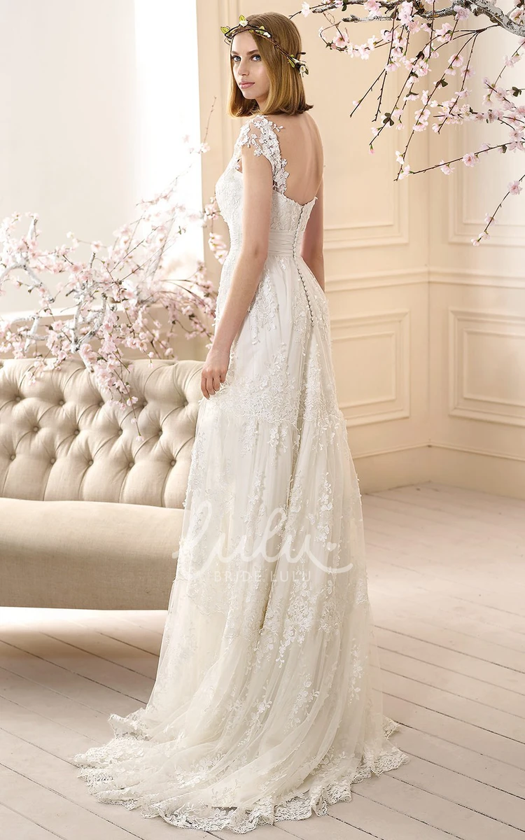 Cap-Sleeve Lace Sheath Wedding Dress With Pleats and Floor-Length