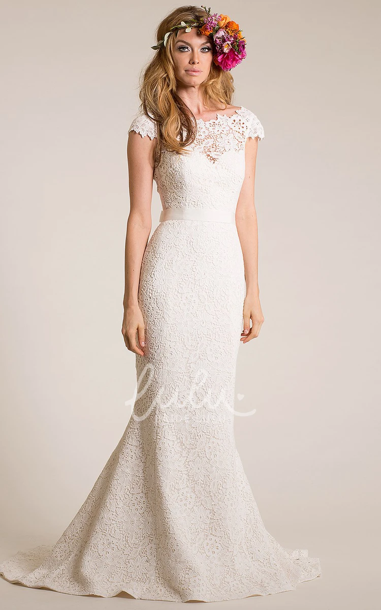 Cap-Sleeve Bateau-Neck Lace Wedding Dress with Bow and V-Back