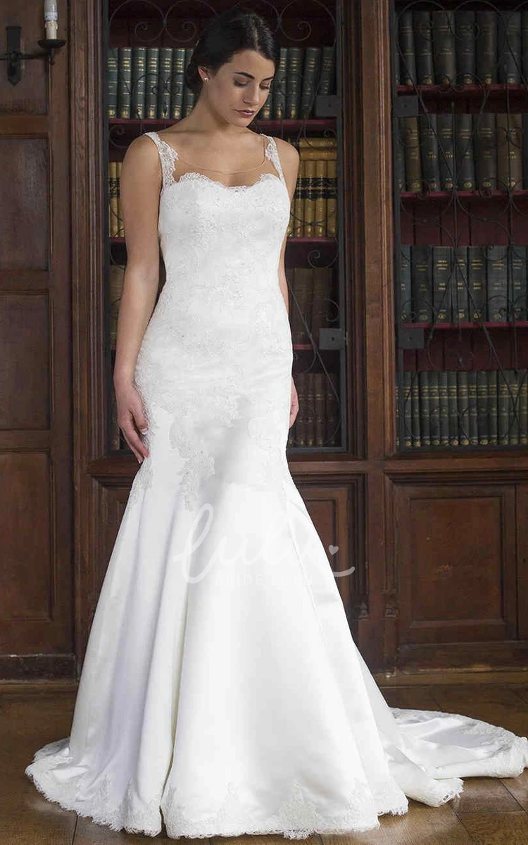 Sleeveless Appliqued Lace & Satin Wedding Dress Unique Trumpet Dress