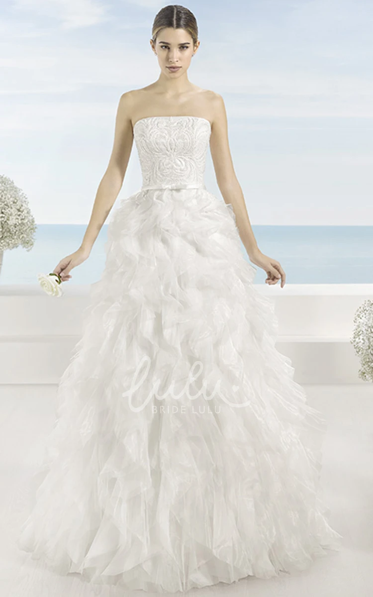 Cascading-Ruffle A-Line Strapless Tulle Wedding Dress with Chapel Train Beautiful Bridal Gown
