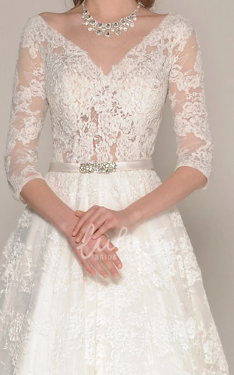 Lace V-Neck A-Line Wedding Dress with Appliques and 3/4 Sleeves