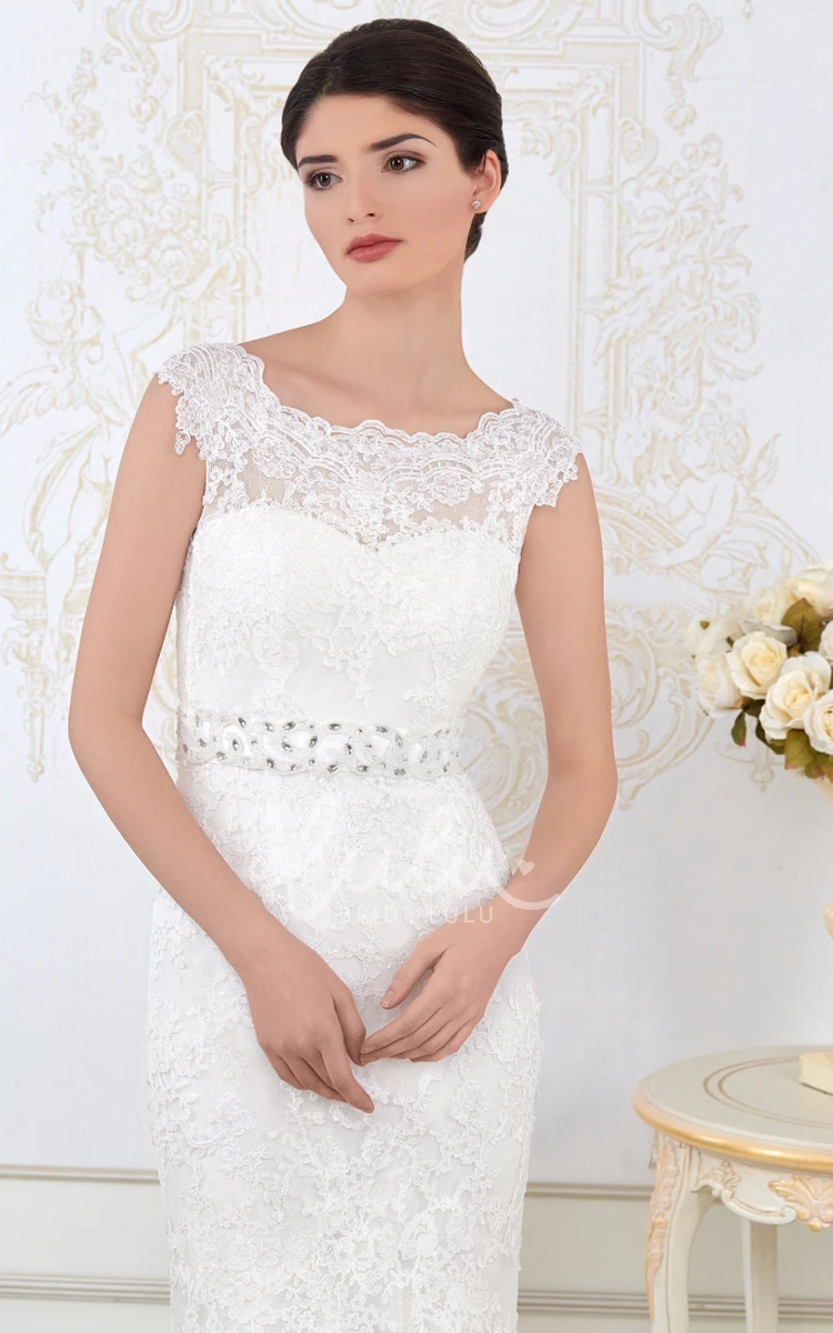 Sheath Lace Wedding Dress with Cap-Sleeves Bateau-Neck Waist Jewellery