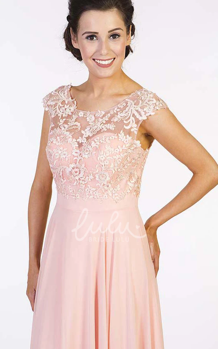 Embroidered Cap-Sleeve Chiffon Prom Dress with Scoop-Neck Floor-Length