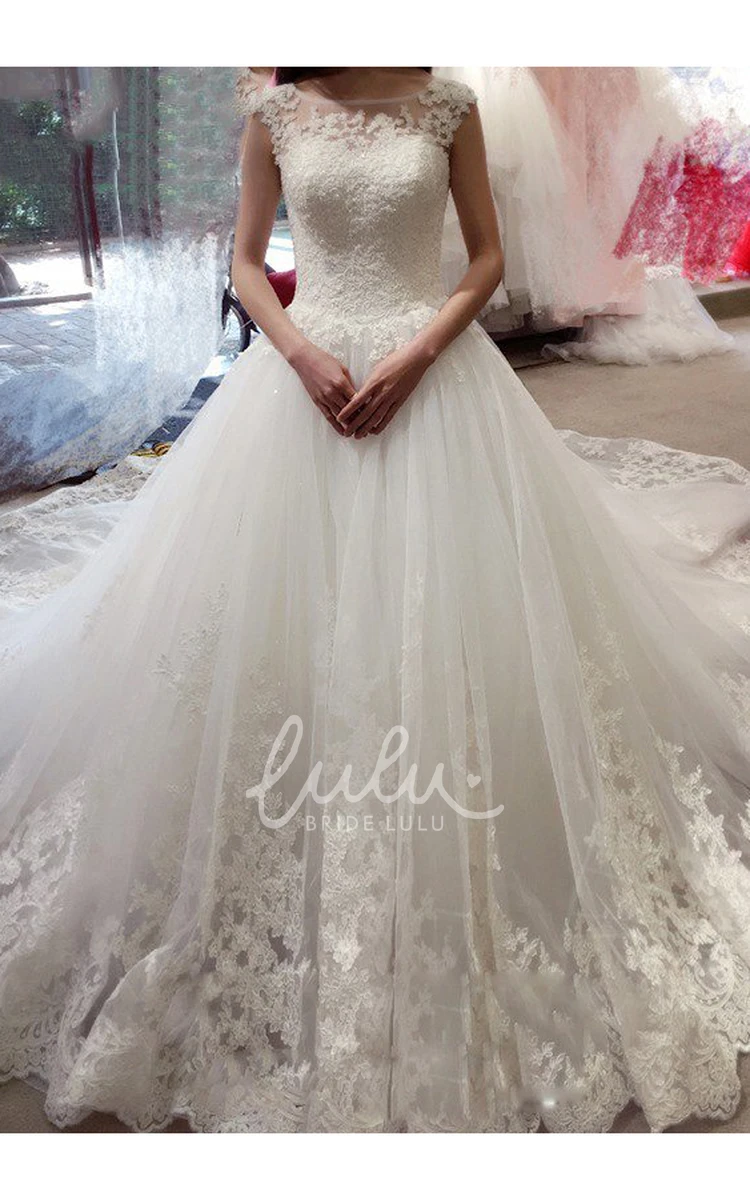 Lace Tulle Ball Gown Wedding Dress with Bateau Neckline