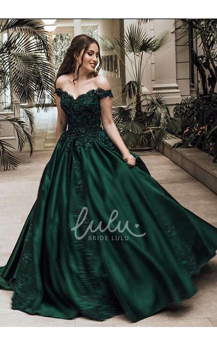 Ball Gown Satin Lace Formal Dress with Off-the-Shoulder Cap Sleeves and Sweep Train