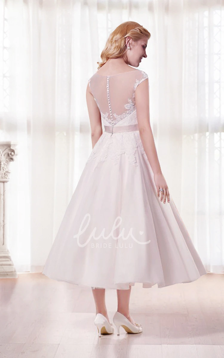 Illusion Back Tea Length Wedding Dress with Cap Sleeves