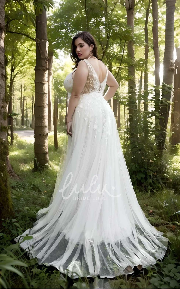 Plus Size A-Line Lace Tulle Wedding Dress Bohemian Country Garden Sweep Train 2024 Floor-length