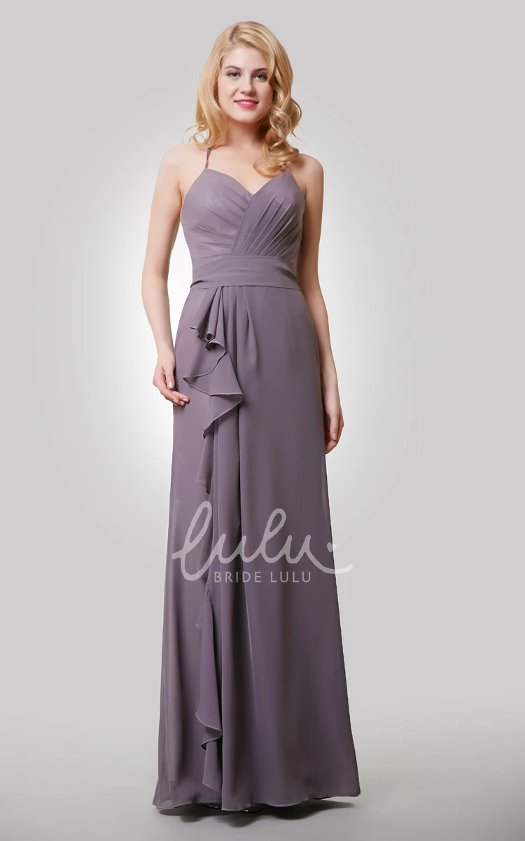 Long Chiffon Bridesmaid Dress with Side Draping and Spaghetti Straps