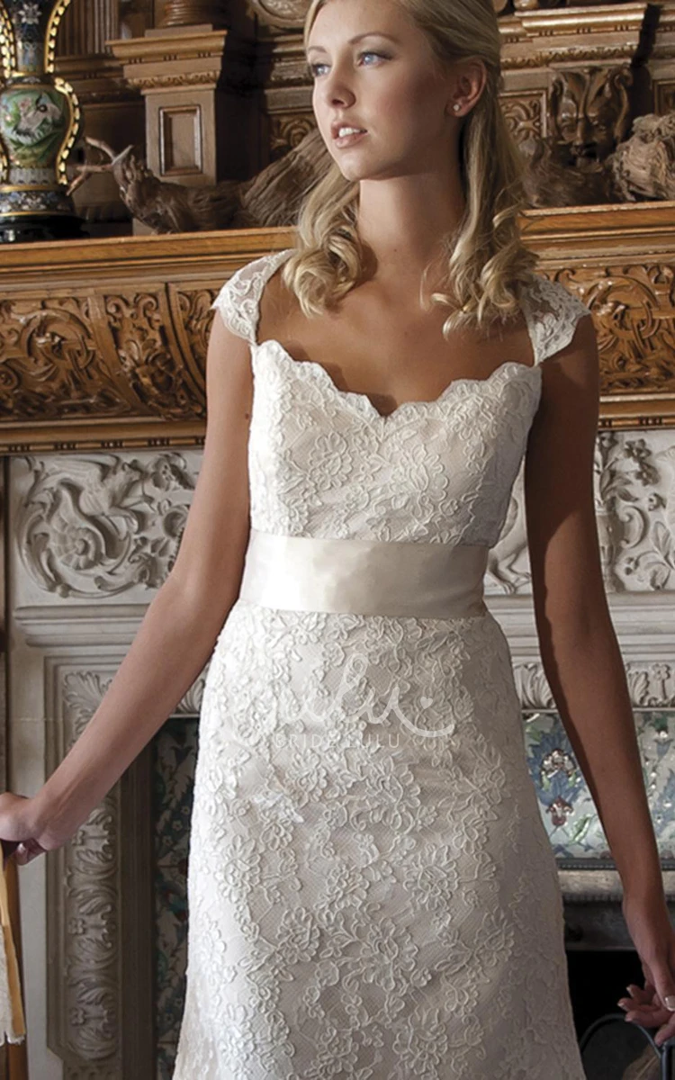 Cap-Sleeve Lace Ribbon V-Neck Wedding Dress Elegant Bridal Gown