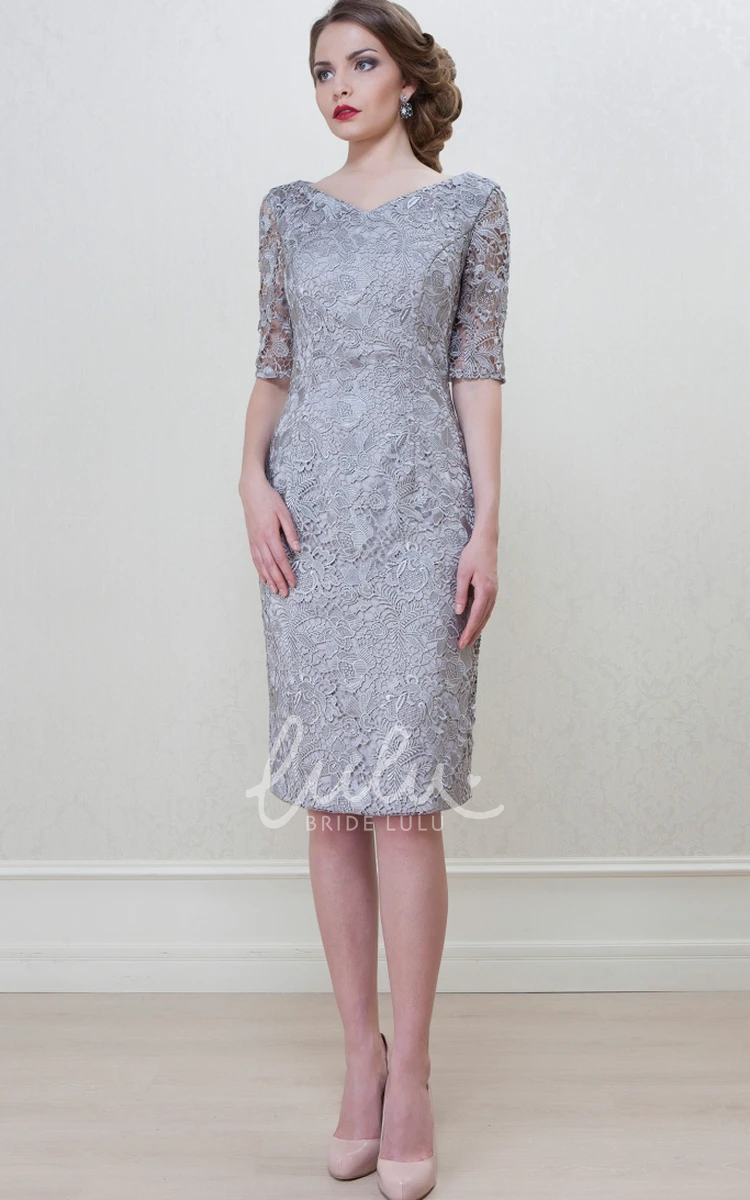 Lace Knee-Length Mother of the Bride Dress with V-Neck and Split Sleeves