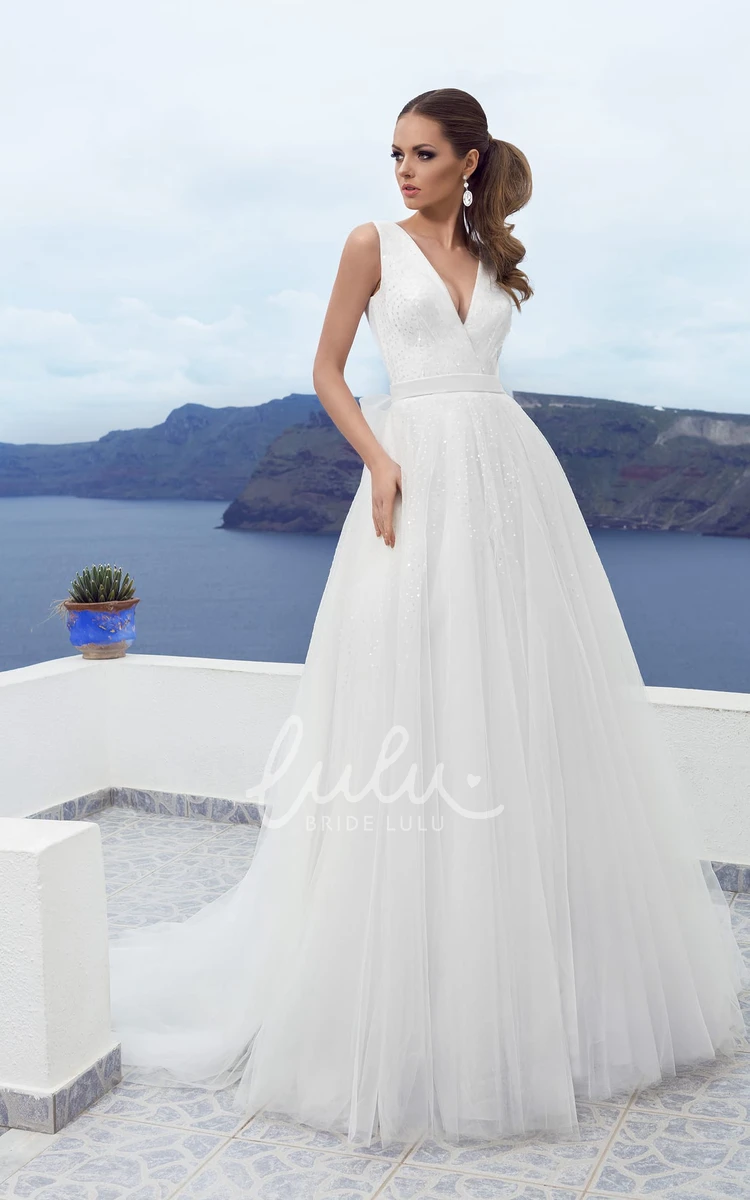 Tulle A-line V-neck Dress with Sequins & Bow Wedding Dress