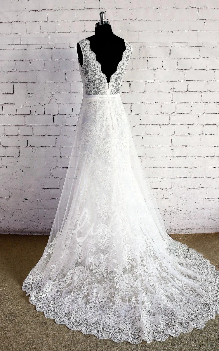 Sleeveless Lace Wedding Dress with Lace Trim Double Layered & V-Neck