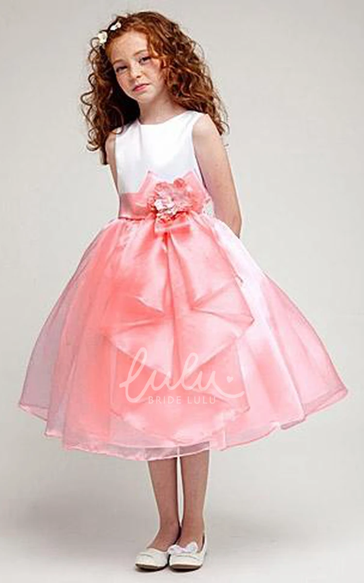 Organza and Satin Tea-Length Flower Girl Dress with Bow Classy Dress for Girls