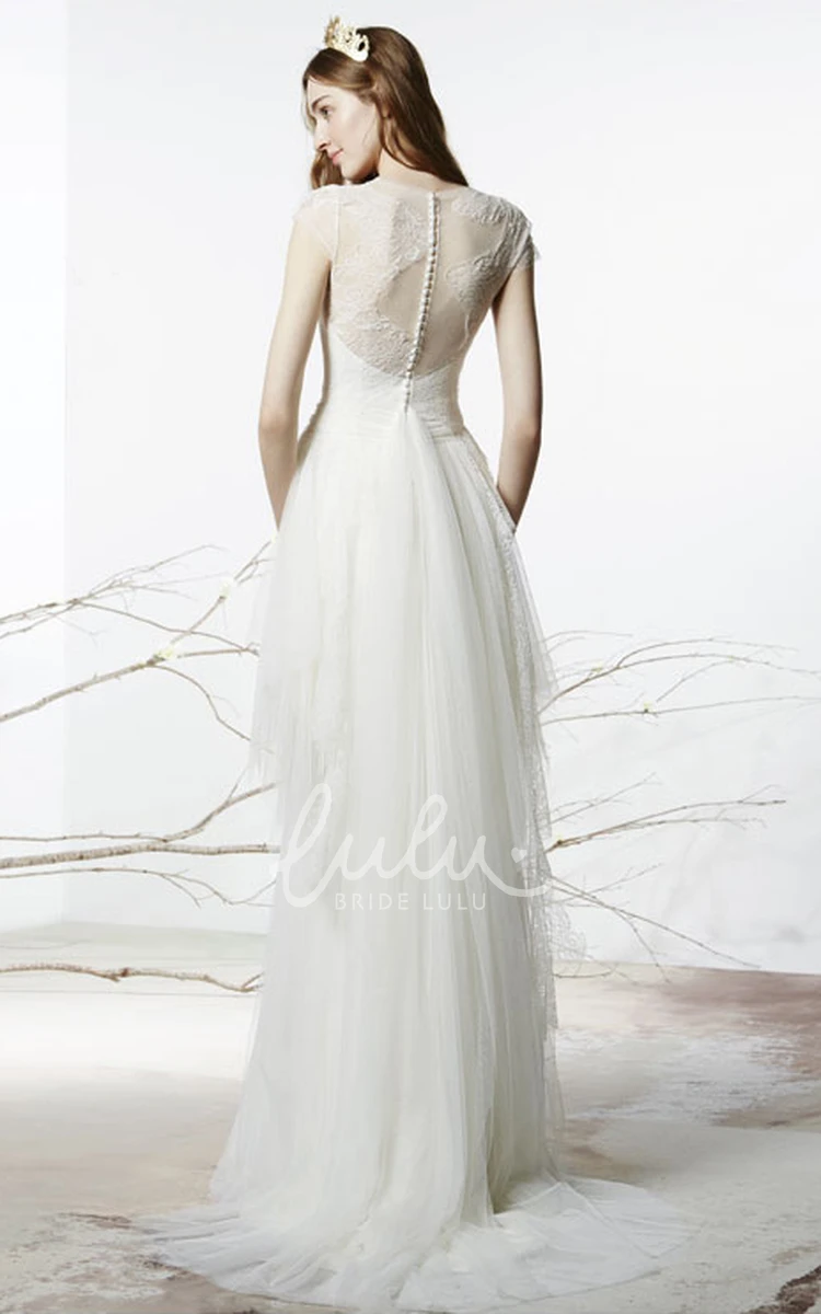 Short-Sleeve Tulle Sheath Wedding Dress with Illusion Scoop Neck