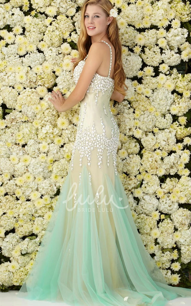 Mermaid Spaghetti Sleeveless Tulle Jersey Prom Dress with Beading in Multi-Color