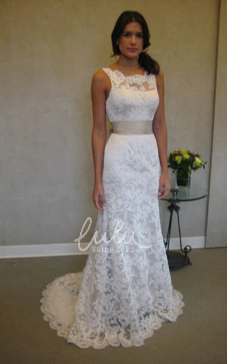 Floor Length Lace Dress with V Back and Bateau Neckline