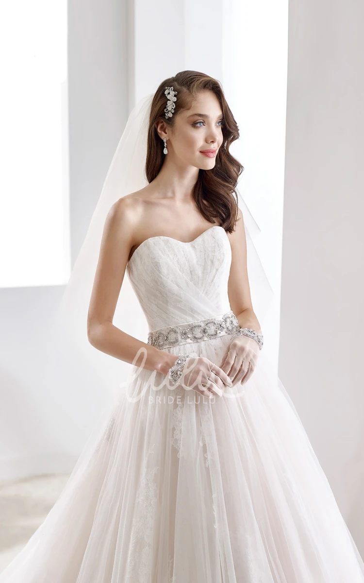 A-Line Wedding Dress with Beaded Belt and Pleated Skirt Sweetheart