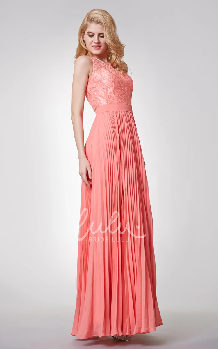 Lace Neckline A-line Chiffon Bridesmaid Dress with Pleated Skirt