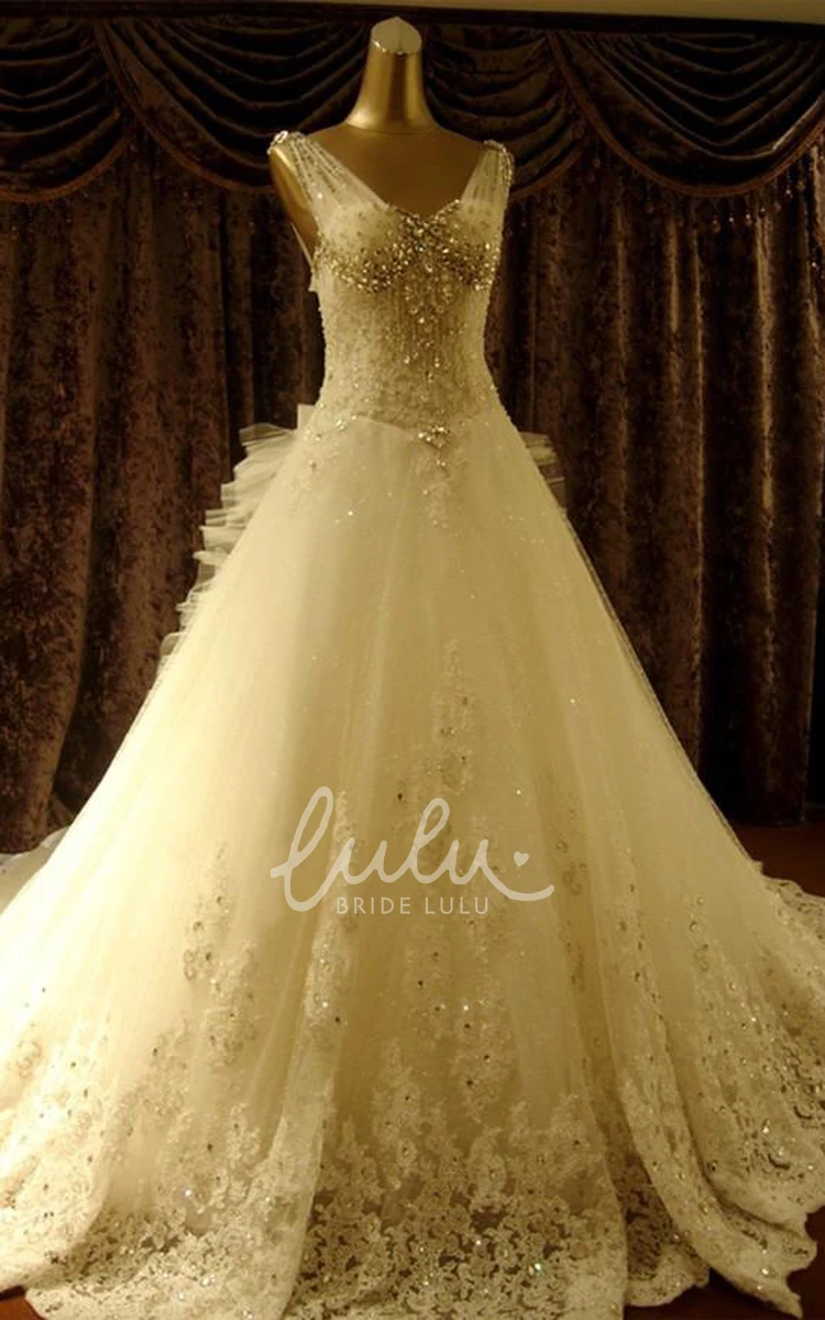 V-Neck Lace Tulle Ball Gown Wedding Dress with Corset Back