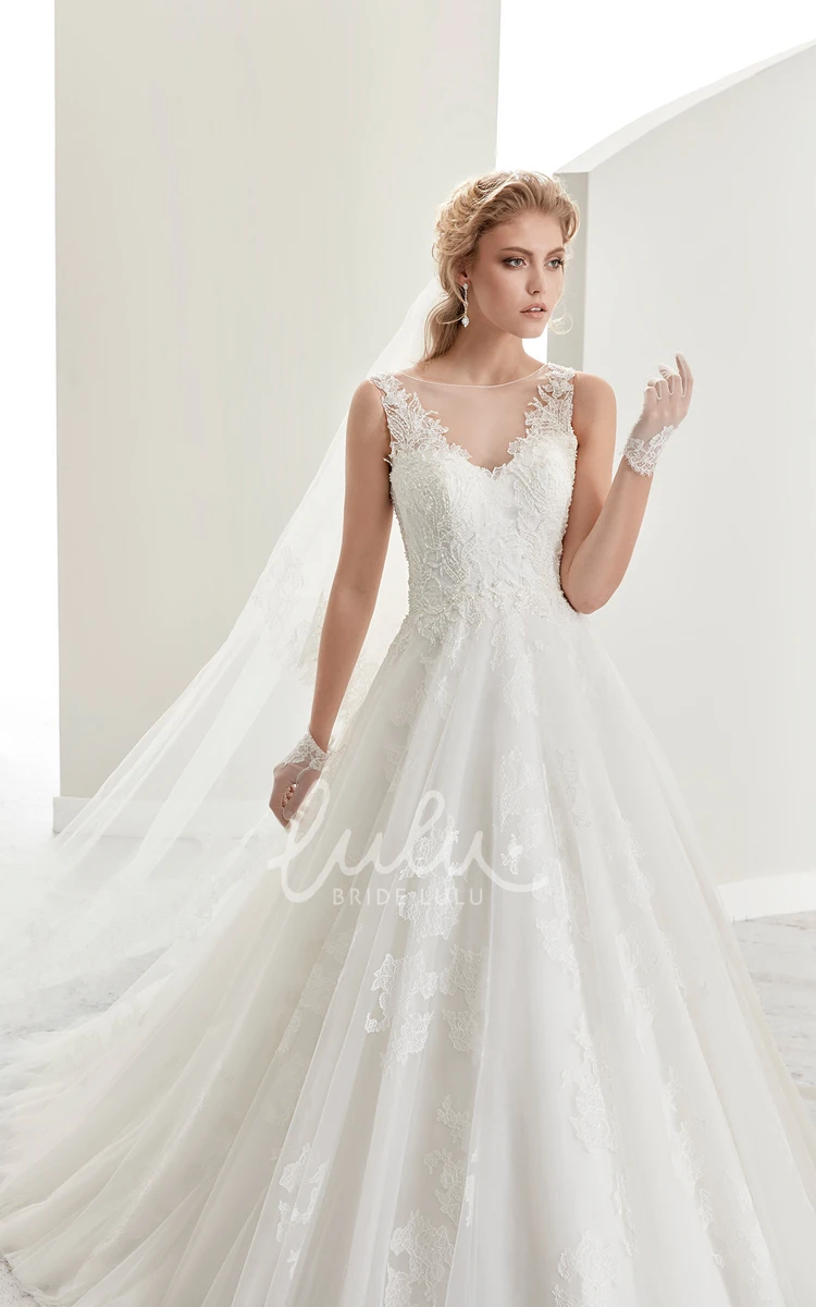 Cap Sleeve A-Line Wedding Dress with Illusive Lace Back and Brush Train