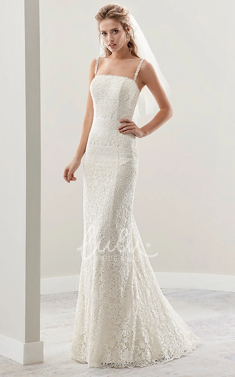 Spaghetti Strap Low Back Lace Sheath Wedding Dress with Fine Detailing