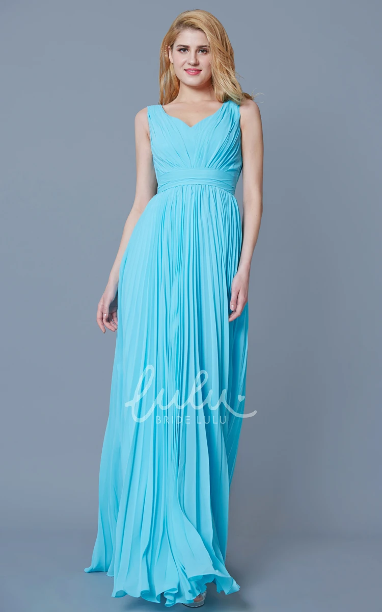 Long Chiffon Bridesmaid Dress with Empire Waist and Pleats