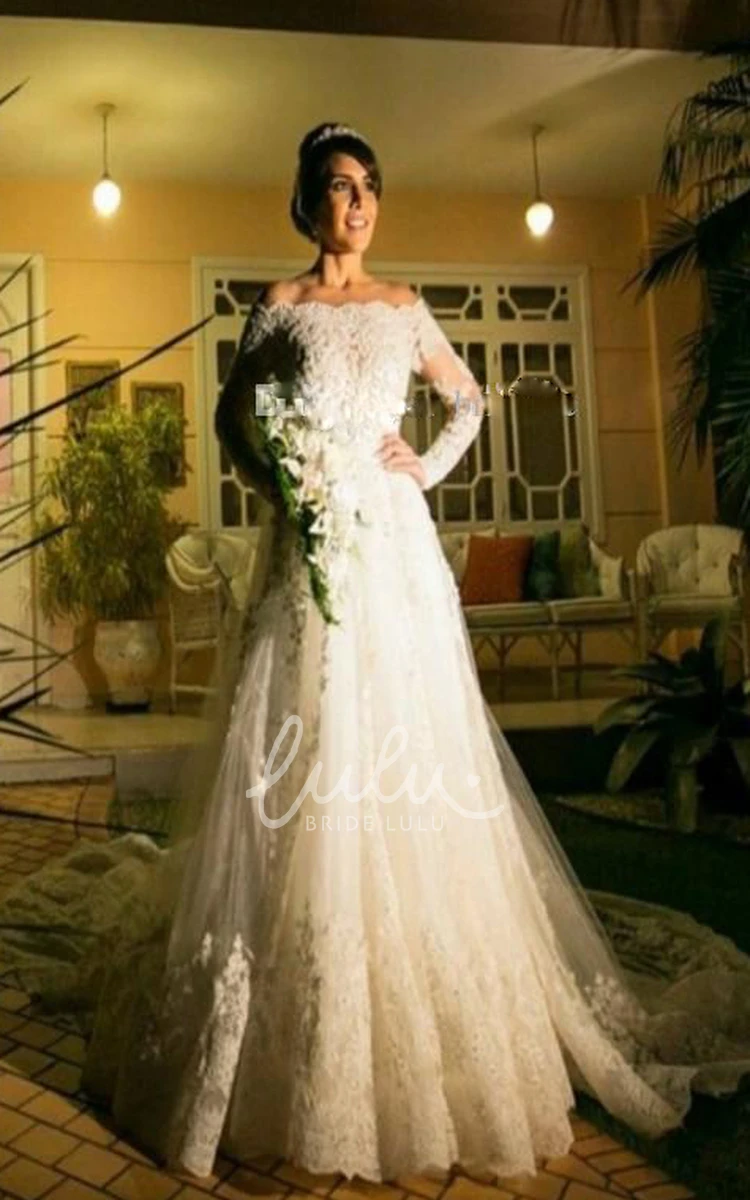 Off-the-shoulder Lace Tulle Wedding Dress Ball Gown Style