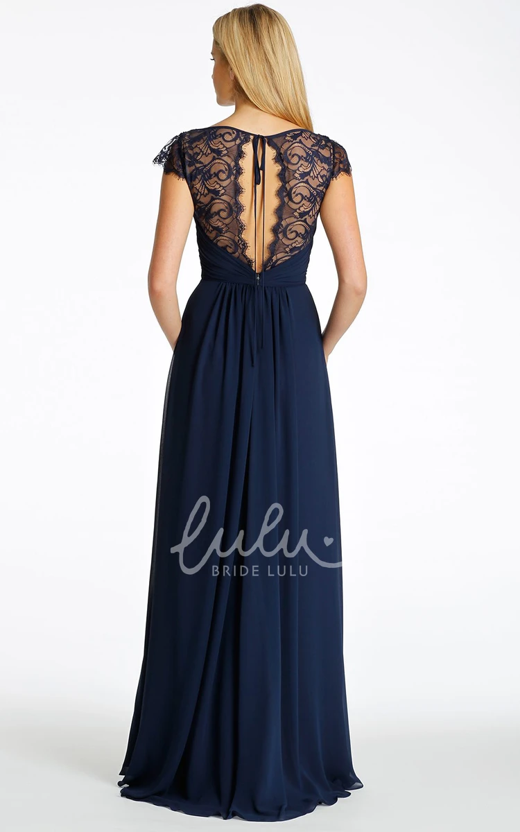 A-Line Chiffon Bridesmaid Dress with Cap-Sleeves Long Ruched V-Neck Lace and Keyhole Back