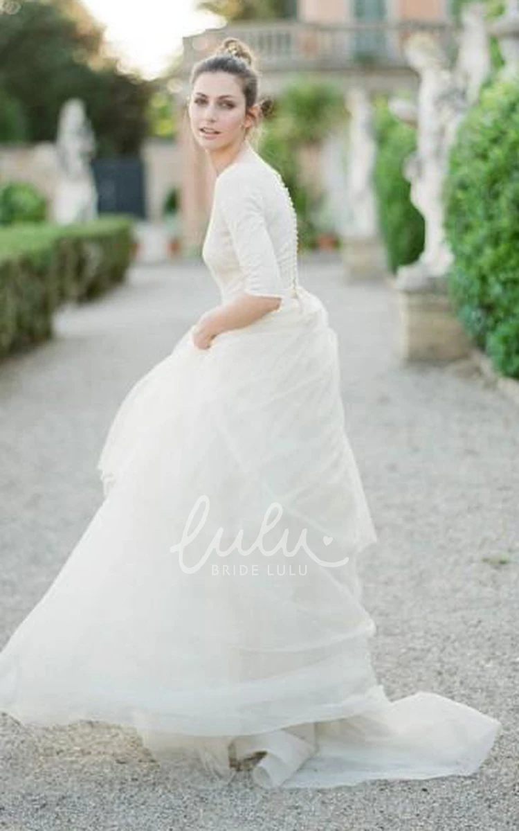 Lace Tulle A-Line Wedding Gown with Scoop Neck Zipper