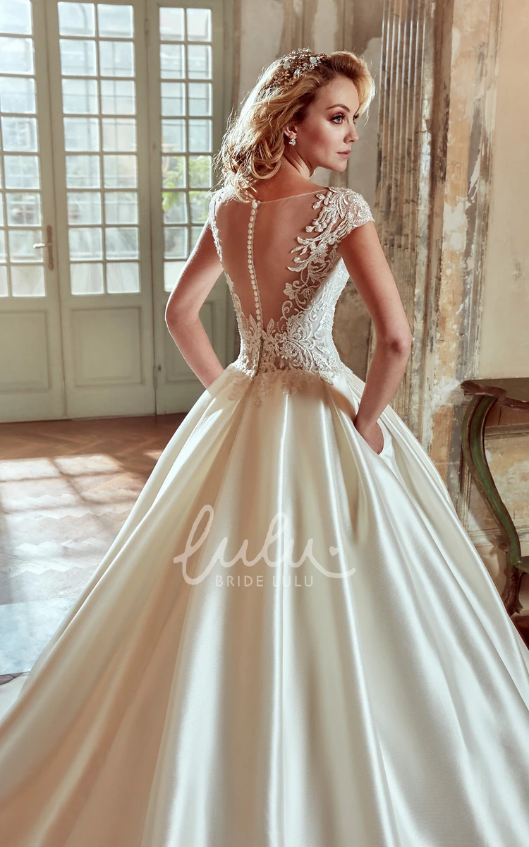 Lace Bodice V-Neck A-Line Wedding Dress with Satin Skirt