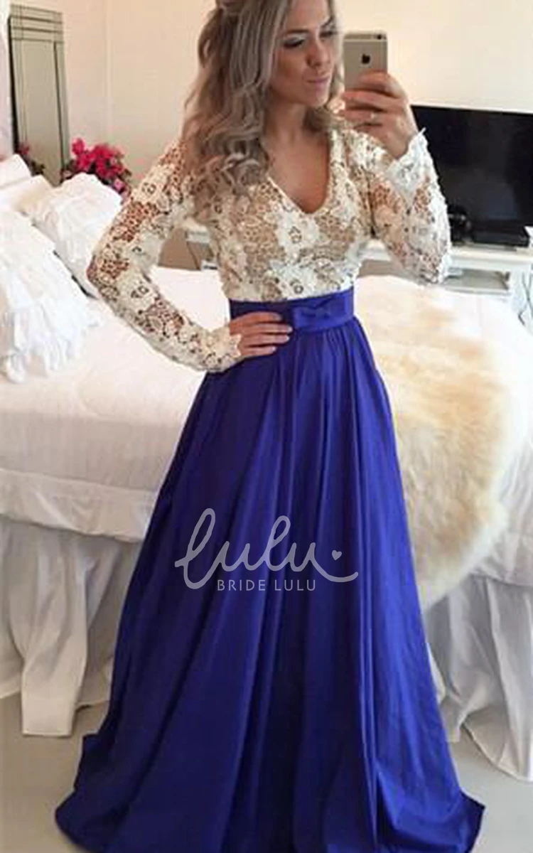 Long Sleeve Lace Chiffon Prom Dress with Modern Zipper Back