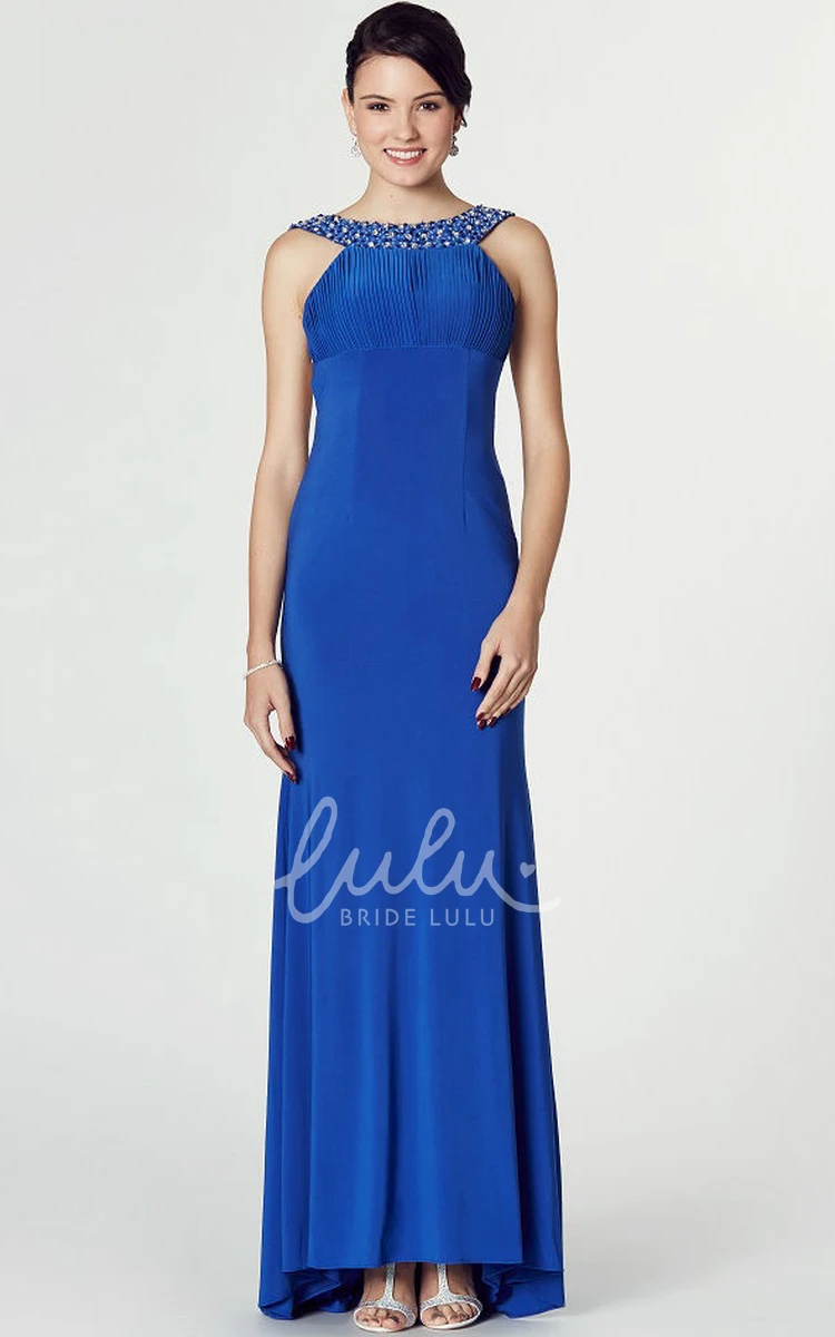 Beaded Sleeveless High-Low Jersey Prom Dress with Scoop Neck and Brush Train