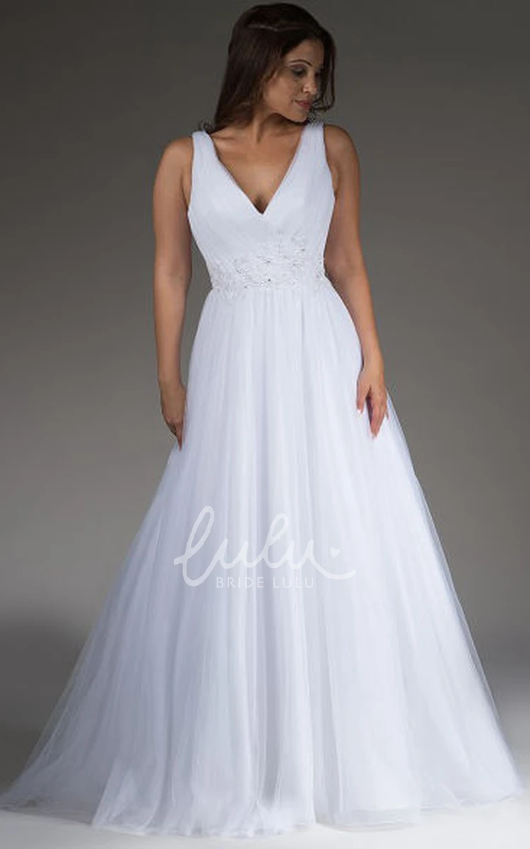 Crystal Waist A-Line Tulle Wedding Dress with Pleated V Neck