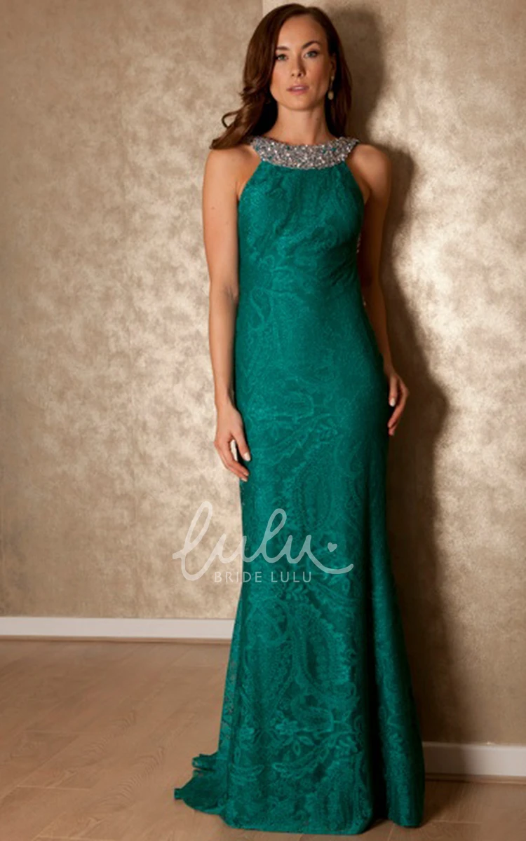 High Neck Beaded Lace Prom Dress with Brush Train Sleeveless