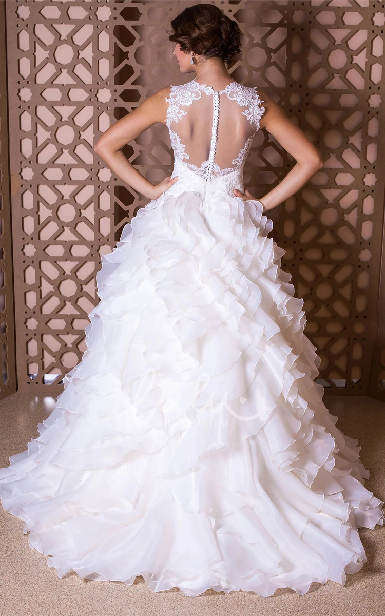 Sleeveless A-Line Organza Wedding Dress with Appliques and Ruffles Unique Bridal Gown