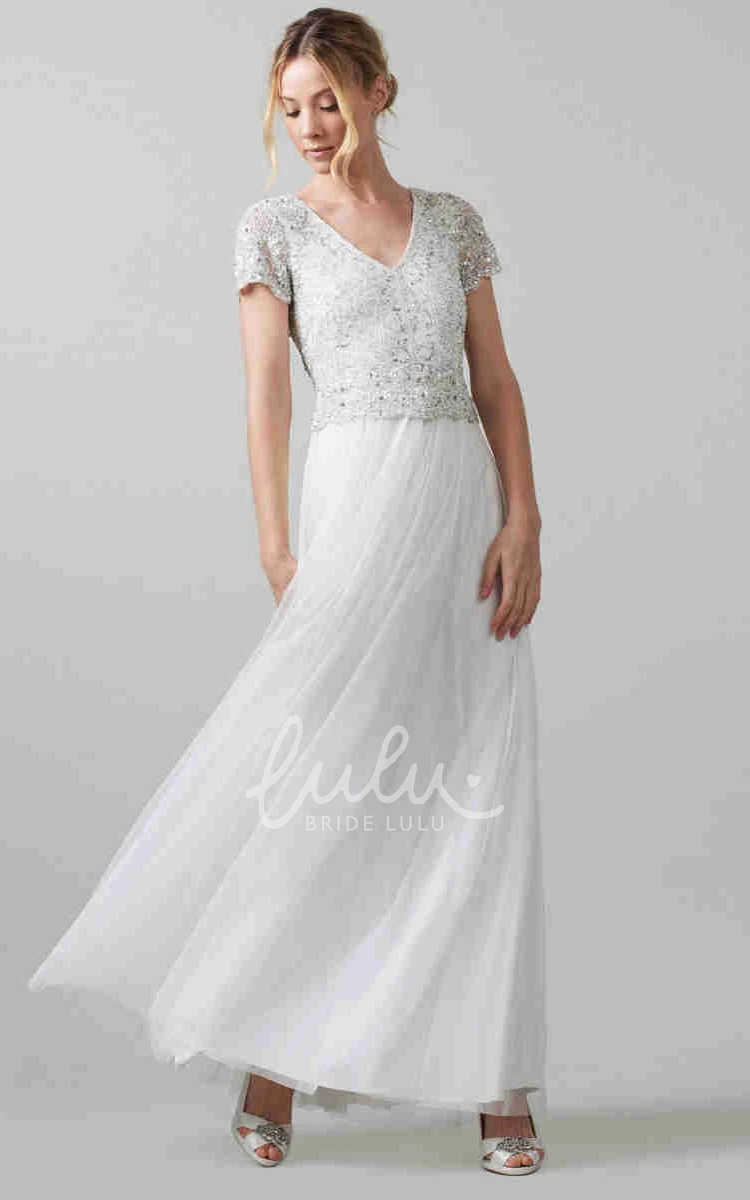 Short-Sleeve Sequin V-Neck Sheath Wedding Dress Unique Bridal Gown