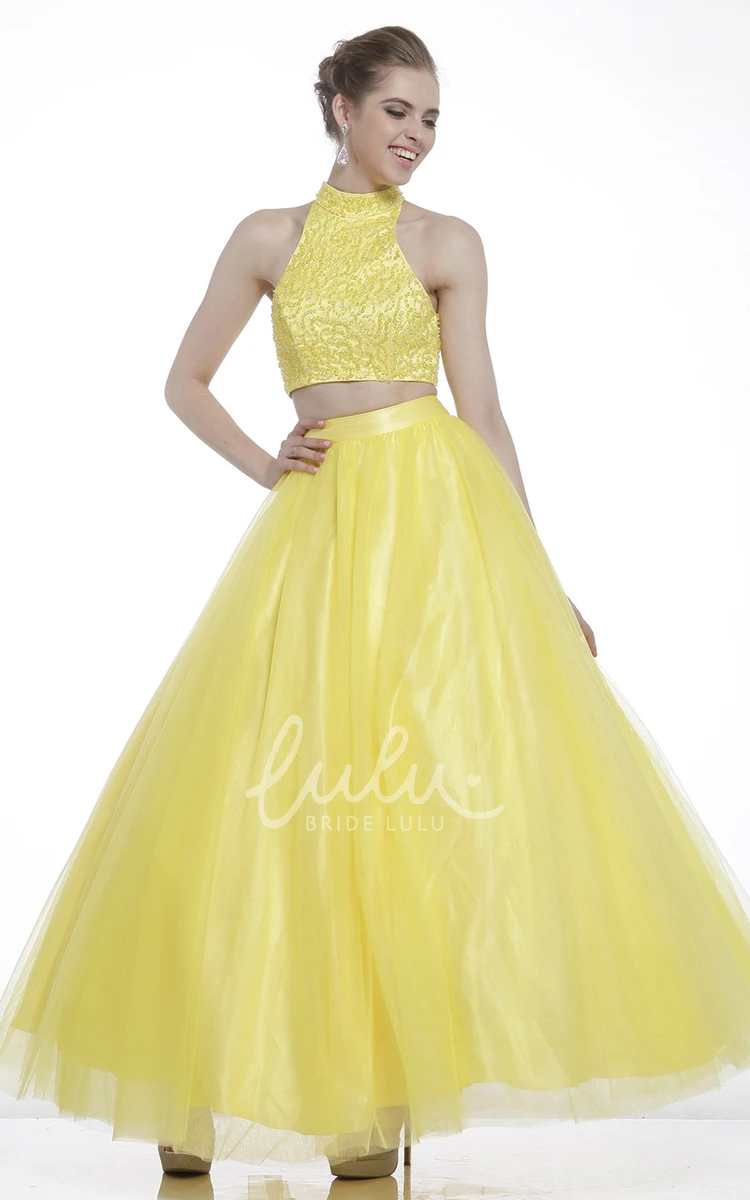 Satin Keyhole A-Line Formal Dress with Beading High-Neck Sleeveless Ankle-Length