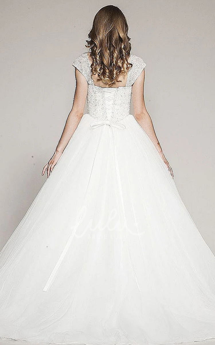 Tulle Wedding Dress with Cap Sleeves Ball Gown Style with Beading and Corset Back